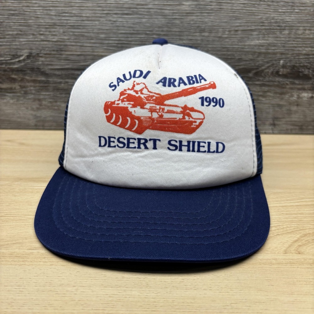 Vintage Desert Shield Saudi Arabia Hat Cap Snap Back Blue Trucker Mesh Mens 90s